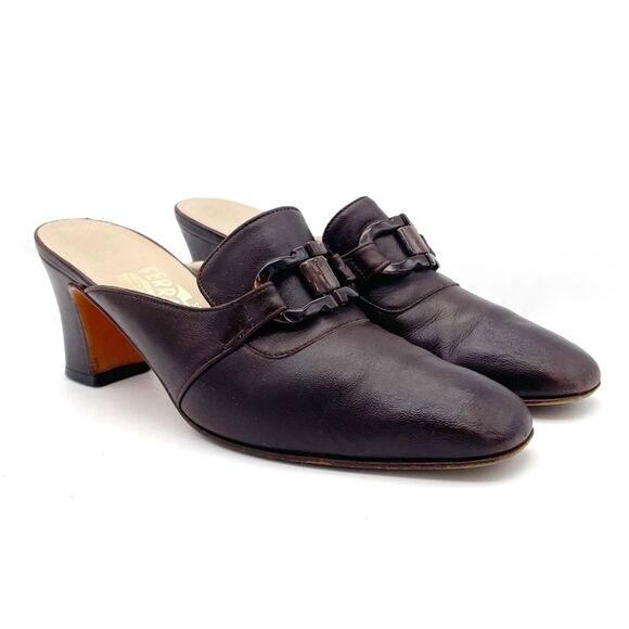 Vintage Salvatore Ferragamo Chocolate Brown Leather Square Toe Mules Size 8.5 - Picture 5 of 16